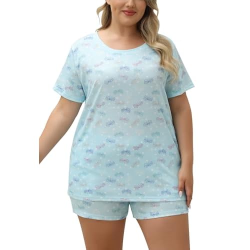 Celkuser Plus Size Pajamas Set for Women 2-Piece Short Sleeve Sleepwear Soft Loungewear PJs with Pockets 1x-5x Blue-butterfly 5X-Large Plus