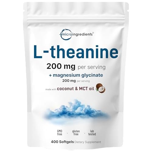 L-Theanine 200mg with Magnesium Glycinate, 400 Coconut MCT Oil Softgels | Relaxation, Focus & Muscle Support Supplement | 2-in-1 Amino Acid & Mineral