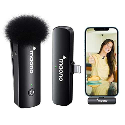 MAONO Wireless Lavalier Microphone for iPhone iPad, MFi Certified, 2.4GHz Wireless Lapel Mic with One Key Noise Cancelling for TikTok, Interview, Vlog