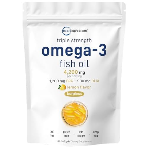 Micro Ingredients Triple Strength Omega 3 Fish Oil Supplements 4200mg Per Serving, 120 Softgels – Lemon Flavored – Burpless | EPA 1200mg + DHA 900