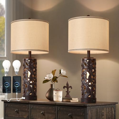 AIDENOEY Set of 2 Table Lamps with Night Light, 28" Farmhouse Table Lamp with USB A+C Ports,Brown Ceramic Bedside Lamp with Fabric Shade for Living Ro
