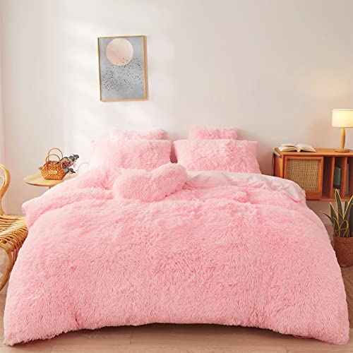 Fluffy comforters Cover Twin Size - Ultra Soft Plush Pink Bedding Sets 2 Pieces (1 Faux Fur Comforter Cover + 1 Fuzzy Pillow case) Girls Shaggy Pink T