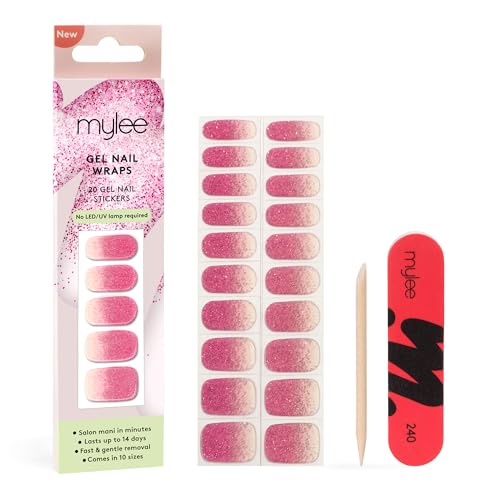 Mylee Gel Nail Wraps [Pink Stardust] – 10 Pre-Cured Gel Stickers for Instant Mani – No Lamp Needed, Chip-Resistant, Glossy Finish, Lasts Up to 14