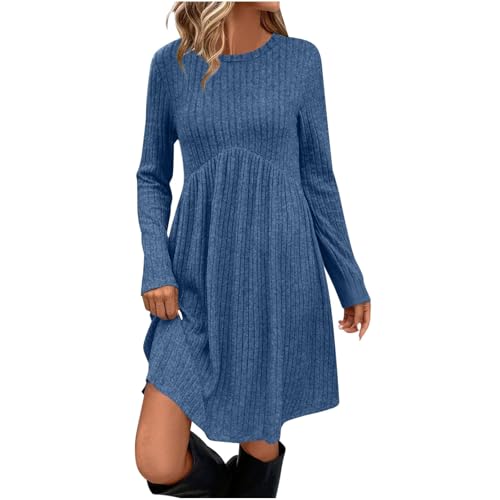 Womens Long Sleeve Sweater Dresses | Ribbed Knit A-Line Midi Dress with Pockets for Fall, Work & Casual A01 Blue Large