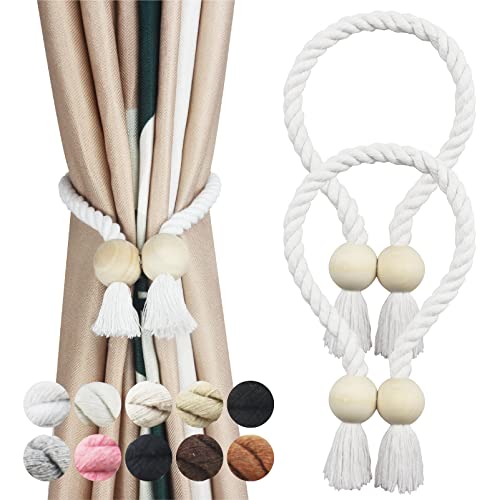 2 Pack White Magnetic Curtain Tiebacks Cotton Hand Woven Tieback Holdback Decorative Tie Backs for Drapes with Wooden Buckle No Tools Required White 2