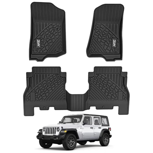 3W Floor Mats Compatible for Jeep Wrangler JL 2018-2024 2025 Unlimited 4-Door Gas-MHEV Type(Non JK or 4XE) All-Weather TPE Floor Liner for 1st and 2nd