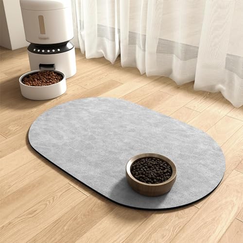 Absorbent Food Mat for Dogs - Quick Dry, No Stains, Prevents Mess from Food & Water Bowls 14"X22" LIGHTGREY