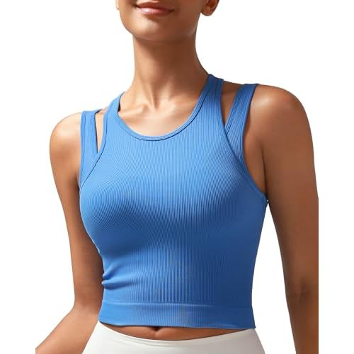 RUNNING GIRL Sports Bras for Women High Impact Seamless Ribbed Longline High Neck Workout Crop Tank Tops Padded B-bright Blue Small