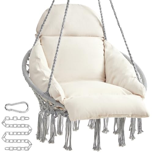 SONGMICS Hanging Chair, Hammock Chair with Large, Thick Cushion, Boho Swing Chair for Bedroom, Patio, Balcony, Garden, Holds up to 264 lb, Accessories