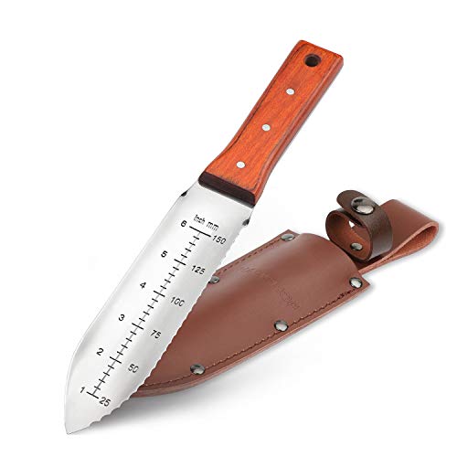 HAUSHOF Hori Hori Garden Knife 7”Stainless Steel Serrated Blade with Cutting Edge, Gardening Tool with Leather Sheath for Weeding, Planting, Digging