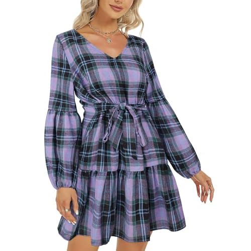 ROYLAMP Women's Tunic Dresses Long Sleeve V Neck Plaid Tie Waist Ruffle Swing Shift Casual Mini Dress with Pocket Large Plaid Purple