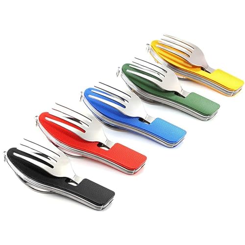 5 Pack Camping Utensils, 4-in-1 Portable Stainless Steel Cutlery with Fork, Spoon, Knife, and Bottle Opener - Lightweight, Detachable, and Durable Cam