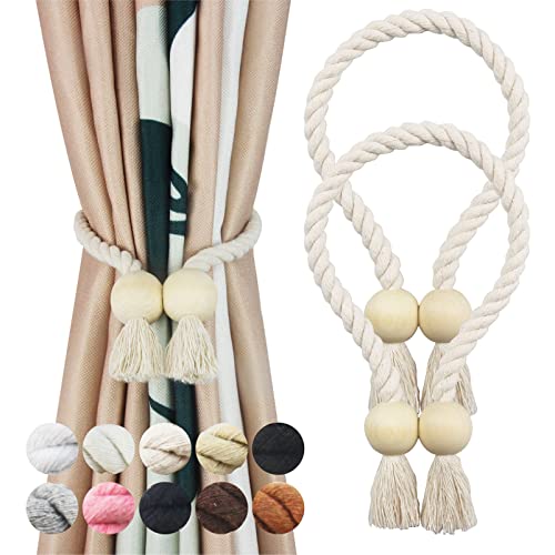 2 Pack Beige Magnetic Curtain Tiebacks Cotton Hand Woven Tieback Holdback Decorative Tie Backs for Drapes with Wooden Buckle No Tools Required Beige 2