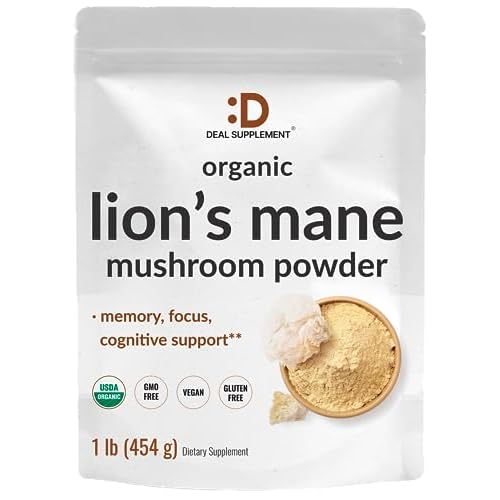 DEAL SUPPLEMENT Organic Lions Mane Mushroom Powder Supplement, 1,500mg Per Serving, 1lb – Active Fruiting Body & Mycelium Extract – Natural Brain