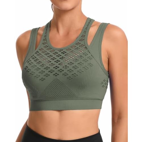 RUNNING GIRL Sports Bras for Women High Support,Seamless Ribbed Longline High Neck Sports Bra Racerback Padded Crop Top Yoga Small A-dark Green