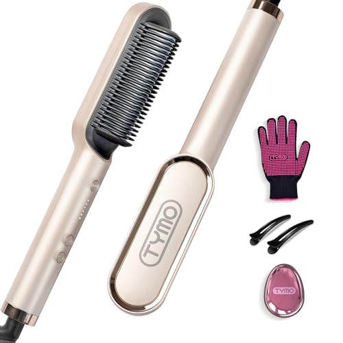 Hair Straightener Brush, TYMO Ring Hair Straightener Comb Straightening Brush for Women with 5 Temps 20s Fast Heating & Dual Voltage, Gold Elegant Gol