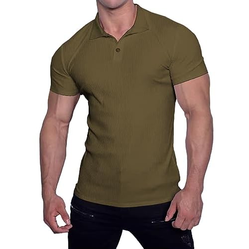 Muscle Cmdr Men's Slim Fit Muscle Polo Shirts Long&Short Sleeve Stretch Quick Dry Tee Casual Golf Athletic T-Shirts Small A-Brown-short