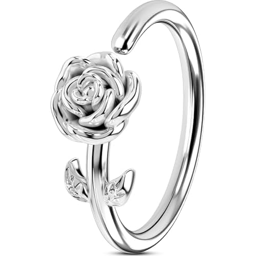 OUFER Nose Rings Flower Rose Seamless Open Nose Rings Hoops 20G, Stainless Steel Floral Nose Helix Daith Rook Tragus Piercing Jewelry for Women Men Si