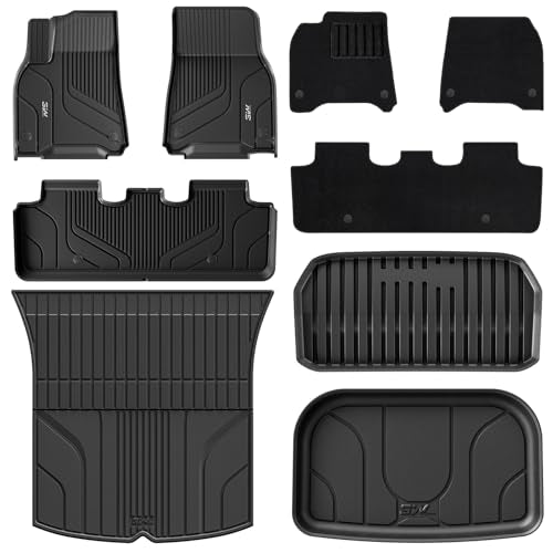 3W Floor Mats & Carpet on Top for Tesla Model Y 2026 2025 2020-2024 All-Weather TPE Full Set Floor Liners & Cargo Liner with 1&2 Row Carpets Accseeori