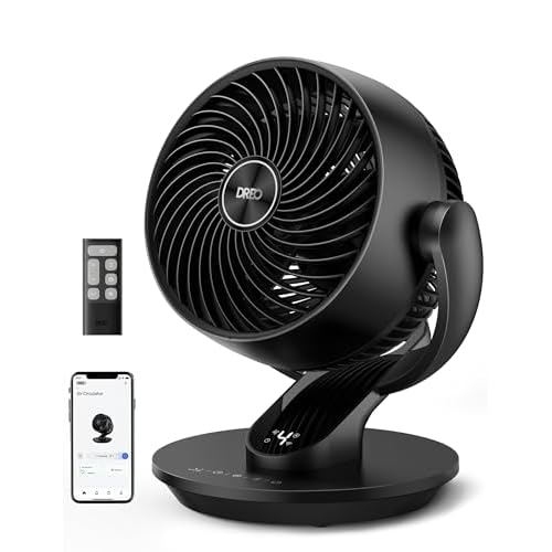 Dreo Smart Fan for Bedroom,120° Vertical and 90° Oscillating Fan with Remote-Voice, 13 Inch Height Quiet Air Circulator for Whole Room, 70 ft, 4 Spe