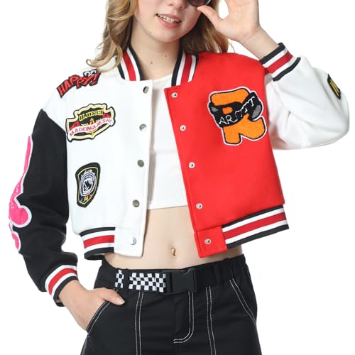 EXARUS Girls Varsity Jacket Kids Tweed Letterman Jackets Baseball Outerwear Stripe Trim Contrast Sleeve School Coats 10 Years B-red