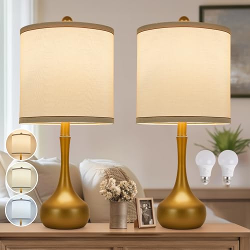 23" Farmhouse Table Lamp Set of 2, Golden Metal Modern Bedside Lamps for Living Room, 3 Color Temperature Rustic Table Lamps for Bedroom, Night Stands