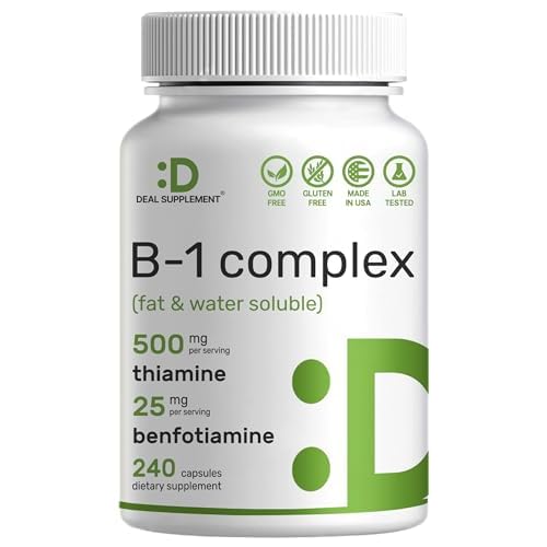 DEAL SUPPLEMENT Vitamin B1 500mg with Benfotiamine, 240 Capsules – 2 in 1 Enhanced Formula – Fat & Water Soluble Thiamine B1 Supplement – Third