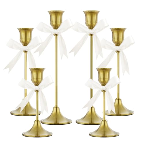 FSyueyun Brass Candlestick Holders Set of 6, Elegant Metal Candlestick Holders for Vintage Taper Candle Holders, Perfect for Table Centerpieces, Firep