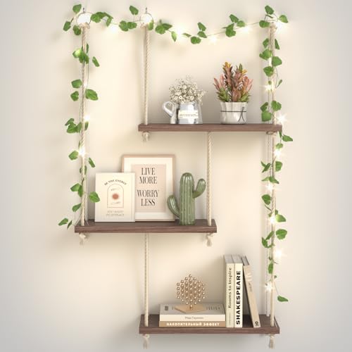 Hanging Shelves for Wall with Vine Lights, 3 Tier Rope Wall Hanging Plant Shelf, Boho Wall Decor Aesthetic for Succulents, Bedroom, Living Room, Bathr