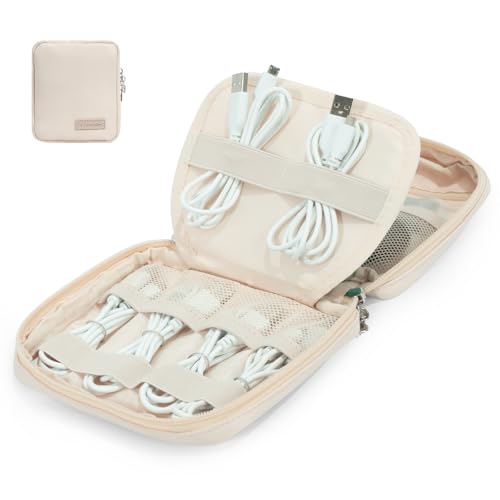LENTION Cable Organizer Bag, Electronics Accessories Organizer, Waterproof Cable Bag for Power Bank, Chargers, USB Cables, SD Cards, Earphones (Beige)