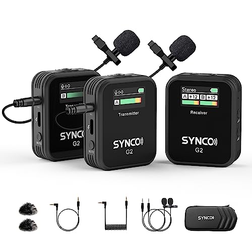 SYNCO Wireless Lavalier Microphone, G2(A2) 2.4G Dual Transmitter 48KHz 24Bit Lapel Mic 656FT 8H for Online Class Vlog Stream YouTube for Camera Smartp