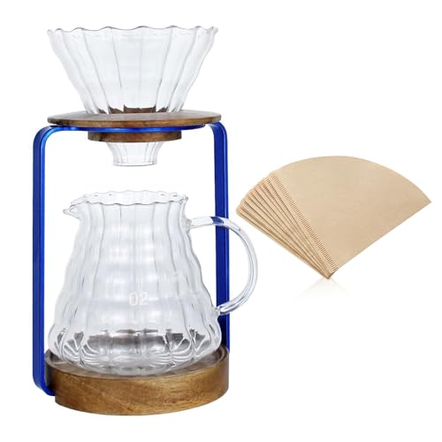 SOTECH Pour Over Coffee Dripper Stand with Metal Stand Wooden Filter Holder Glass Server with Paper Coffee Filters, Coffee Maker Stand Set for Coffee