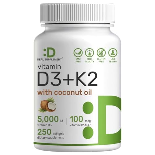 DEAL SUPPLEMENT Vitamin D3 5,000 IU + K2 MK7 100mcg Softgels | 2-in-1 Complex with Virgin Coconut Oil | Supports Heart, Bone, Teeth & Immune Health |