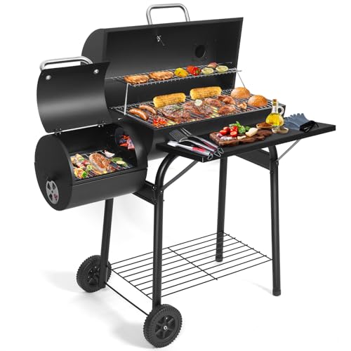 Charcoal Grill Offset Smoker: Charcoal Barbecue Grills with Spacious Cooking Area | Barrel BBQ Grill and Smokers Combo for Outdoor Patio Backyard Camp