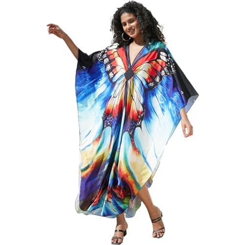 Wave Neck Swimsuit Cover Up Caftan Dress - Plus Size, Oversized, Long Beach Dress 8774-10 Colorful Butterflies X-Large