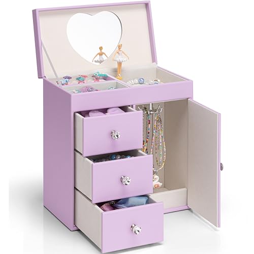 Vlando Musical Jewelry Box for Girls, Large Kid Music Box with Ballerina for Birthday Bedroom Decor, 4 Layer Girl Jewelry Gifts for Girls Kids - Purpl