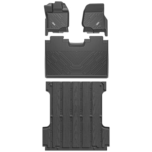 3W Floor Mats & Bed Mat for Ford F-150 2015-2025 & F150 Lightning 2022-2025 SuperCrew (w-o Fold Flat Storage), TPE All Weather Custom Fit, Full Set |