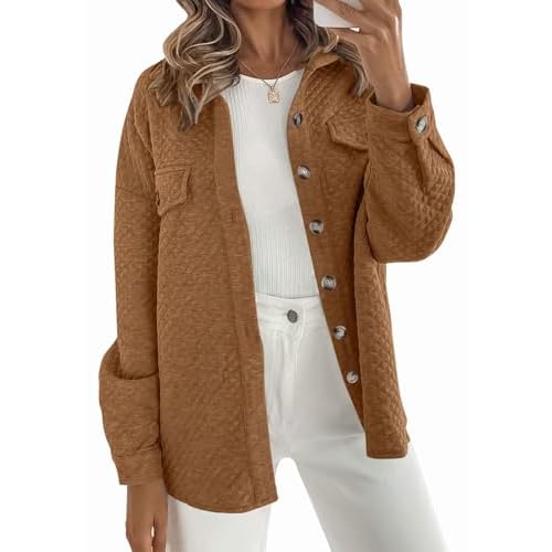 Women's Casual Shacket Jacket, Long Sleeve Loose Oversized Button Down Coat for Fall Winter Office Daily Outerwear Yellow Large