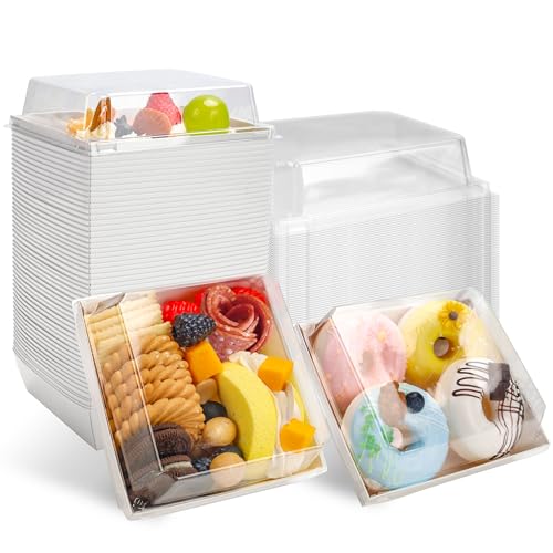 Small Charcuterie Boxes with Clear Lids Square Dessert Boxes To Go Disposable Food Containers for Cookie Sandwich Cake Slice 5.3x4.9x2.5INCH（White,