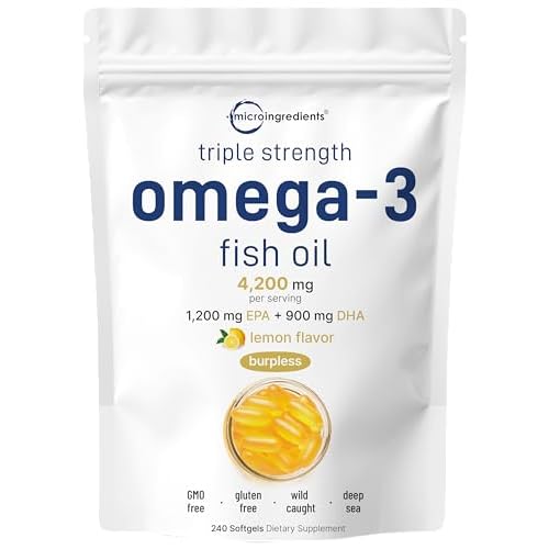 Micro Ingredients Triple Strength Omega 3 Fish Oil Supplements 4200mg Per Serving, 240 Softgels – Lemon Flavored – Burpless | EPA 1200mg + DHA 900