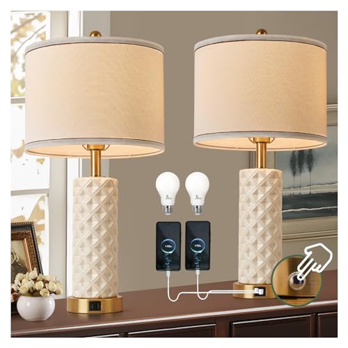 Set of 2 Table Lamp for Living Room Bedroom Farmhouse,26'' Touch Control Bedroom Ceramic Lamps 3-Way Dimmable Bedside Lamps with USB A+C Ports Linen S