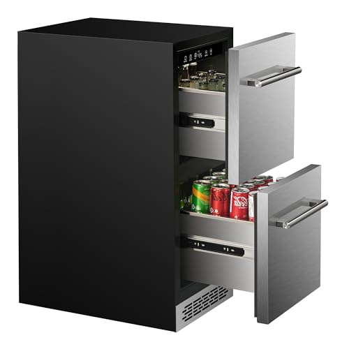 15 Inch Double Drawer Refrigerator,Under Counter Beverage Fridge for Indoor Outdoor Kitchen,3.39 Cu.Ft. Waterproof Black Stainless Steel Refrigerator