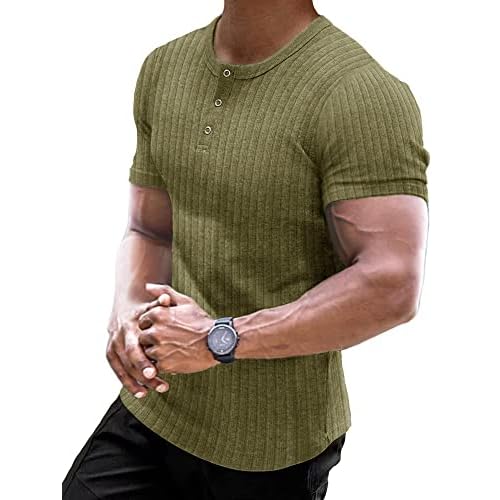 Muscle Cmdr Men's Ribbed Henley Shirt Short Sleeve Slim Fit Muscle Shirt Fitted Cotton Casual Long Sleeve Small 01green-short
