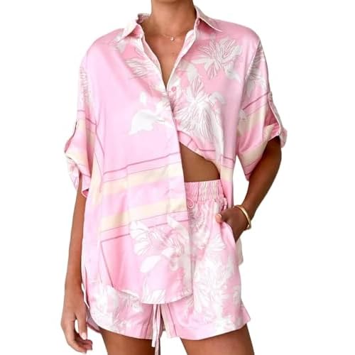 Womens Print Satin Pajama Set Casual Loose Short Sleeve Shirt and Wide Leg Shorts Lightweight Lounge Sleepwear