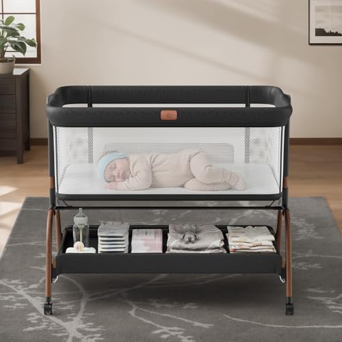 Baby Bassinet Bedside Crib, 3-in-1 Baby Bassinet Bedside Sleeper with Mattress and Soft, Breathable Sheet, Full-Mesh Sides, 6-Height Adjustable, Stabl