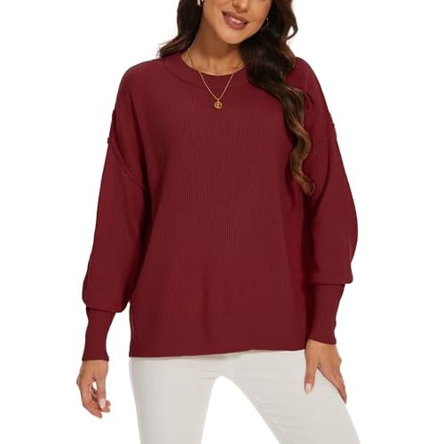 Women's Crewneck Long Sleeve Oversized Sweaters 2024 Fall Side Slit Ribbed Knit Pullover Sweater Tops Darkred Large