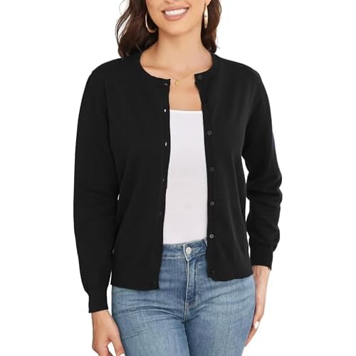 Women's Crew Neck Button Down Long Sleeve Cardigan for Women Classic Soft Knit Ladies Cardigan Sweater Coat X-Large Black