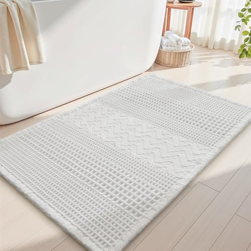 AMOAMI Waffle Bath-Mat, Super Absorbent Bath Mats for Bathroom, Boho Bathroom Rugs Non Slip Washable, Ultra Soft Bathroom-Mat with Tassels Bath Rugs f