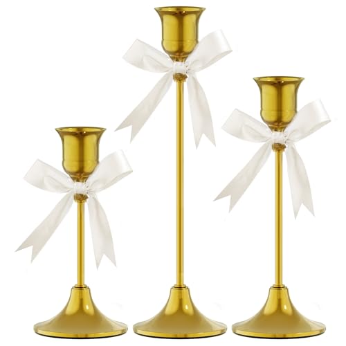 FSyueyun Gold Candle Holders Set of 3, Elegant Metal Candlestick Holders for Vintage Taper Candle Holders, Perfect for Table Centerpieces, Fireplace M