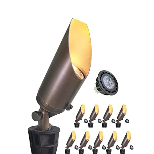 MALORY Brass Landscape Spotlight 10-Pack with 5W LED MR16 Bulb(S03), 12V AC-DC Low Voltage Outdoor Landscape Lighting Shroud Adjustable,Ground Stake a